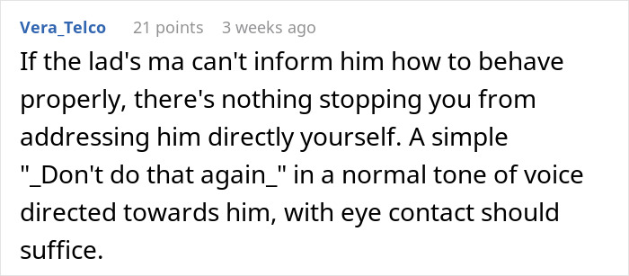 Comment discussing a mother refusing to discipline her son for bullying at the playground, blaming his gender instead. Comment discussing a mother refusing to discipline her son for bullying at the playground, blaming his gender instead.