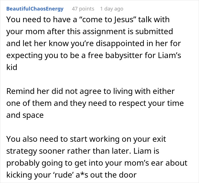 Text post discussing someone being expected to be a free babysitter for a girlfriend’s son and setting boundaries.