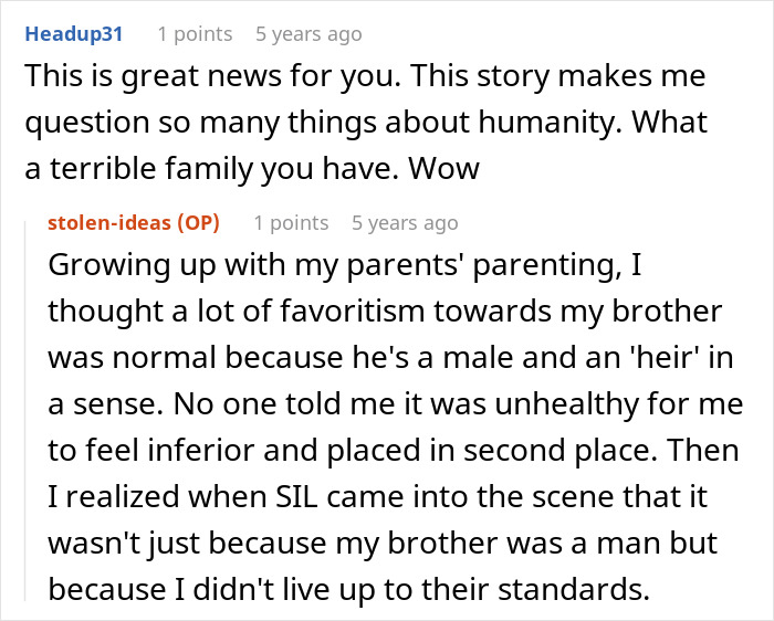Reddit conversation screenshot about woman stealing SIL’s book, discussing family favoritism and publishing loss.