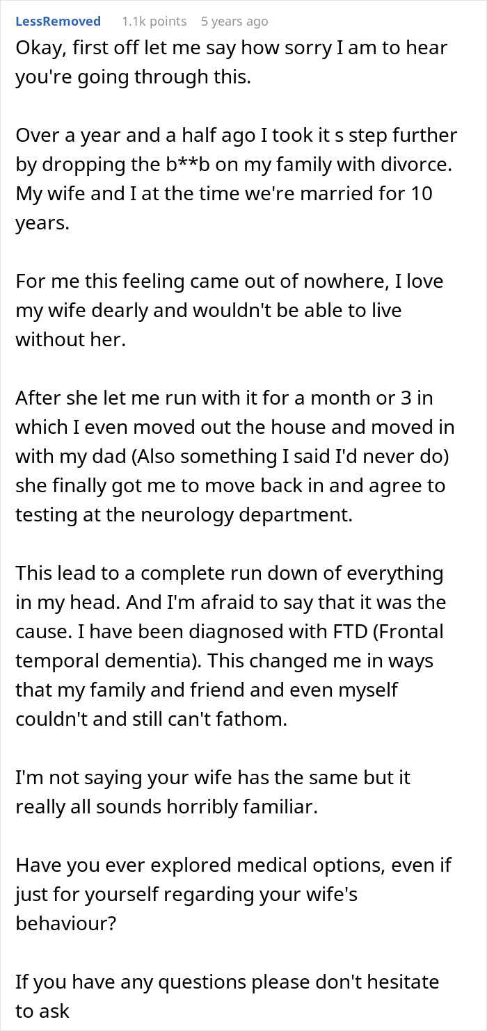 Reddit user shares personal story about marriage struggles and dementia affecting wife’s behavior and memory. Reddit user shares personal story about marriage struggles and dementia affecting wife’s behavior and memory.