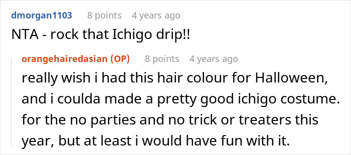 Reddit comment discussing dyeing hair orange and the related classmate drama about Halloween costume ideas. Reddit comment discussing dyeing hair orange and the related classmate drama about Halloween costume ideas.