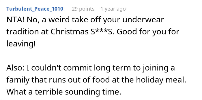Screenshot of a Reddit comment discussing confusion and offense around family Christmas traditions and participation.