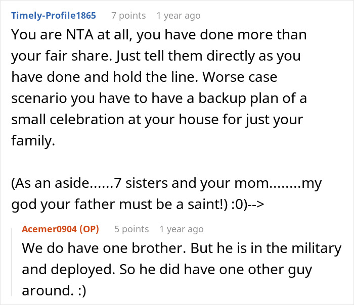 Reddit comments discussing a woman asking for a break from hosting a traditional family Thanksgiving. Reddit comments discussing a woman asking for a break from hosting a traditional family Thanksgiving.