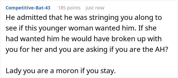 Screenshot of a forum comment discussing a boyfriend opening relationship but getting no dates, advising honesty and decision-making.