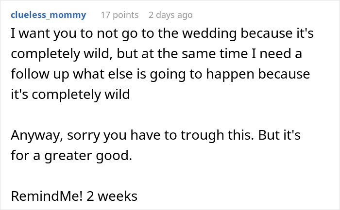 Screenshot of a social media comment discussing chaos and shock related to a spiritual bride’s decision weeks before the wedding.