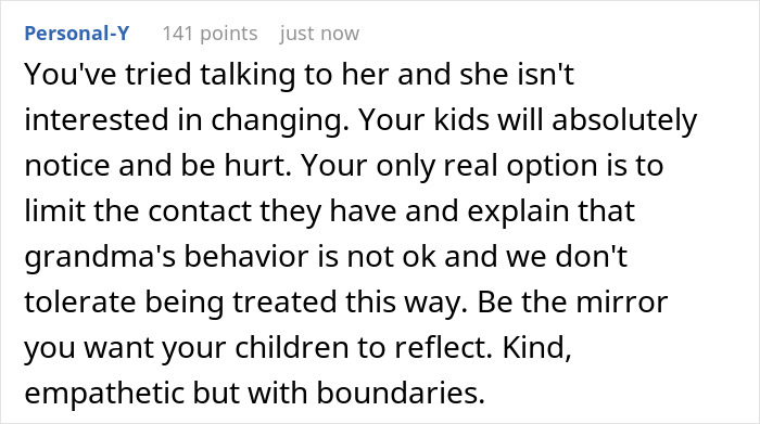 Comment discussing how a MIL admits favoritism toward one grandchild, causing hurt and boundary-setting advice. Comment discussing how a MIL admits favoritism toward one grandchild, causing hurt and boundary-setting advice.