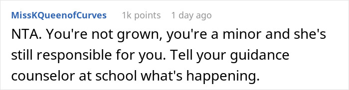 Screenshot of a Reddit comment where a user advises a 17-year-old about their mom retiring from parenting and kids buying their own food. Screenshot of a Reddit comment where a user advises a 17-year-old about their mom retiring from parenting and kids buying their own food.