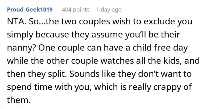 Comment on Reddit discussing exclusion from babysitting on vacation and being labeled selfish for having a life. Comment on Reddit discussing exclusion from babysitting on vacation and being labeled selfish for having a life.