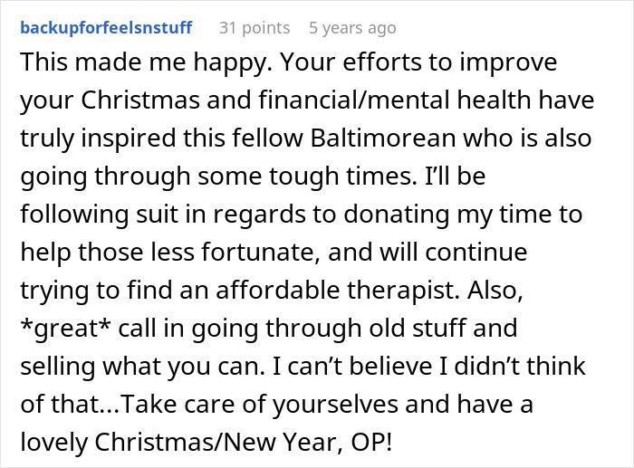 Comment expressing gratitude and inspiration from a fellow Baltimorean on improving Christmas and financial mental health.