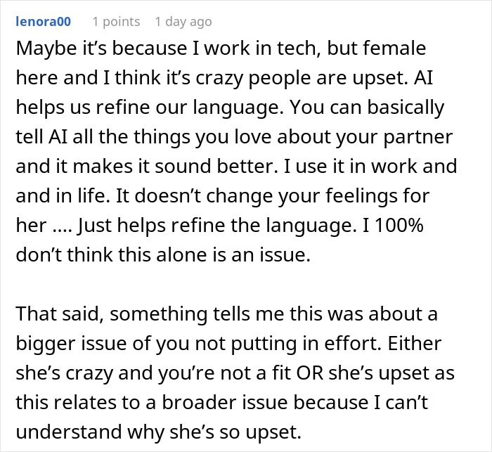 Comment discussing tech worker’s view on AI helping refine wedding vows language without changing true feelings. Comment discussing tech worker’s view on AI helping refine wedding vows language without changing true feelings.
