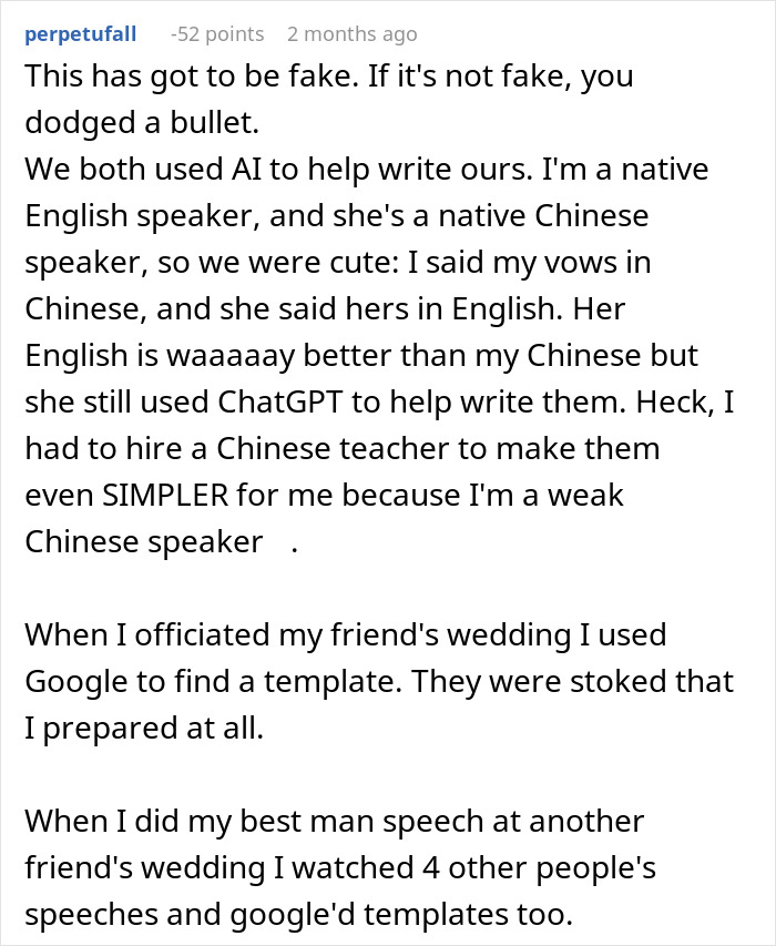 Reddit user shares experience of using ChatGPT to write wedding vows with AI, highlighting challenges and humor in AI-assisted vows. Reddit user shares experience of using ChatGPT to write wedding vows with AI, highlighting challenges and humor in AI-assisted vows.