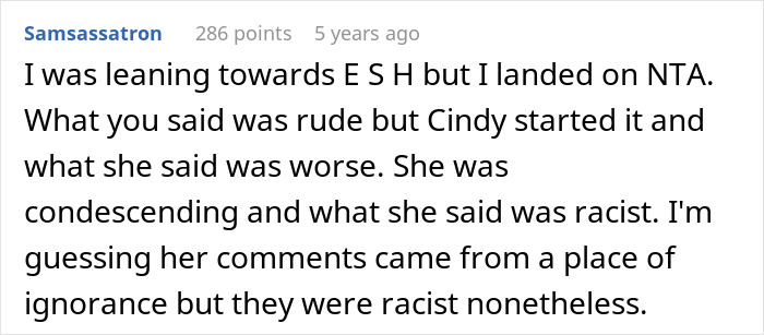 Text comment discussing a racial conflict, addressing condescension and racism in a heated online exchange.