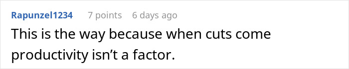Screenshot of an online comment discussing productivity and employee feelings about overworking roles. Screenshot of an online comment discussing productivity and employee feelings about overworking roles.