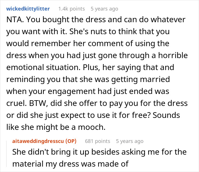 Reddit discussion about sister surprised and upset after woman remade wedding dress instead of gifting it.