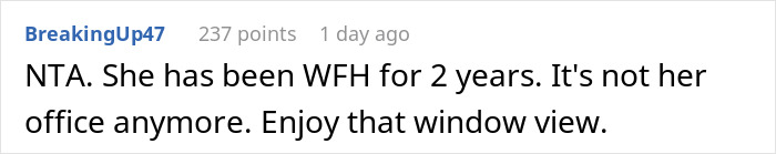 Comment about woman expecting her private office back after working from home 2 years, facing reality of losing it permanently. Comment about woman expecting her private office back after working from home 2 years, facing reality of losing it permanently.