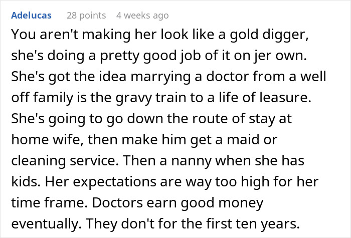 Online comment discussing future daughter-in-law demanding an $80,000 wedding and wealthy in-laws requesting a prenup. Online comment discussing future daughter-in-law demanding an $80,000 wedding and wealthy in-laws requesting a prenup.