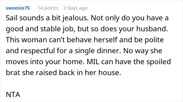 Screenshot of a Reddit comment discussing a woman refusing homeless sister-in-law to move in, citing respect and stability. Screenshot of a Reddit comment discussing a woman refusing homeless sister-in-law to move in, citing respect and stability.