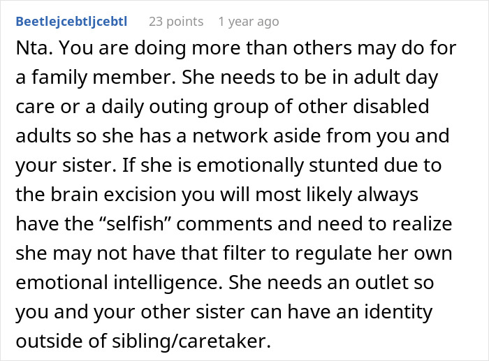 Comment discussing caretaker frustration after sacrificing career and dealing with sibling's constant guilt trips and emotional challenges. Comment discussing caretaker frustration after sacrificing career and dealing with sibling's constant guilt trips and emotional challenges.