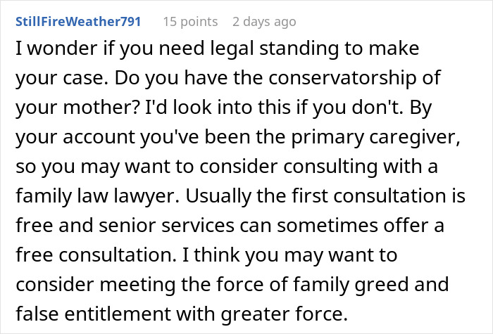 Comment discussing legal advice on family caregiving and addressing sister wedding money culture disputes.