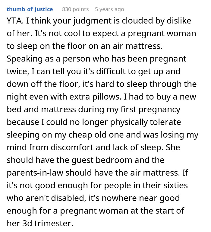 Comment discussing pregnant SIL offended by being given an air mattress to sleep on and the couple calling dibs on their room. Comment discussing pregnant SIL offended by being given an air mattress to sleep on and the couple calling dibs on their room.
