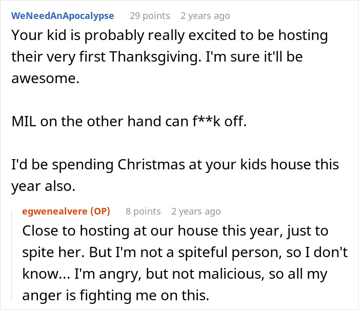 Reddit conversation showing a woman upset about celebrating Thanksgiving with her kid while her MIL explodes angrily. Reddit conversation showing a woman upset about celebrating Thanksgiving with her kid while her MIL explodes angrily.