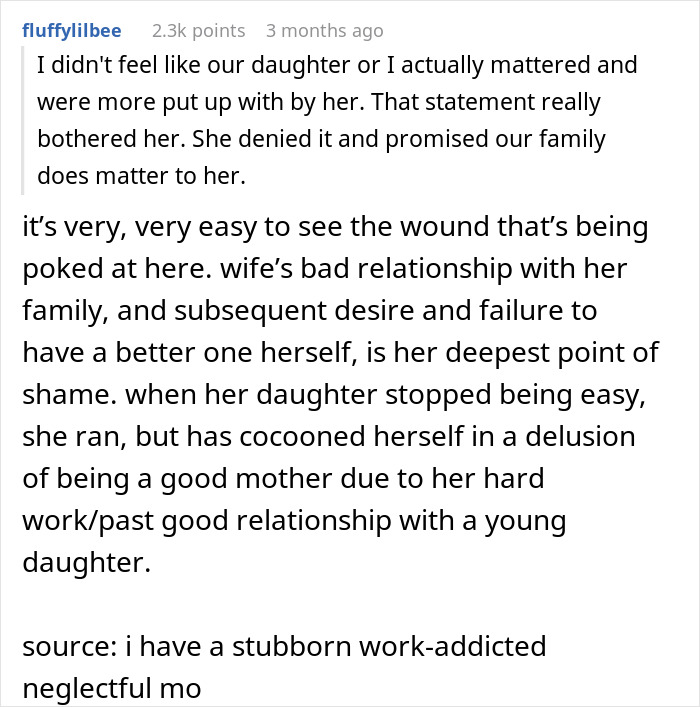 Reddit user shares pain of feeling like a single parent as wife prioritizes work over family and ignores 10-year-old child. Reddit user shares pain of feeling like a single parent as wife prioritizes work over family and ignores 10-year-old child.