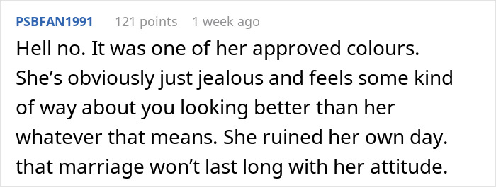Comment about bride mad cousin dress wedding, discussing jealousy and ruined marriage attitude in a text post.