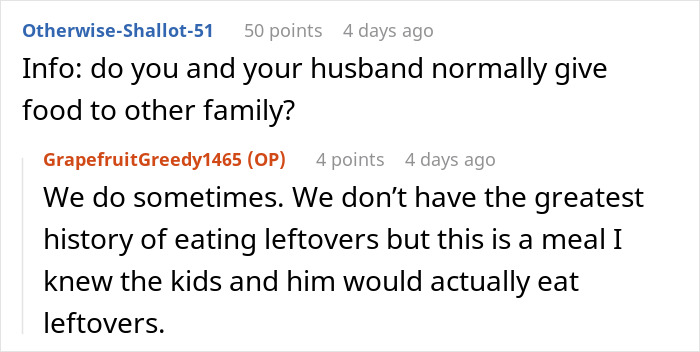 Conversation screenshot showing discussion about giving away cooked roasts and eating leftovers within a family context. Conversation screenshot showing discussion about giving away cooked roasts and eating leftovers within a family context.