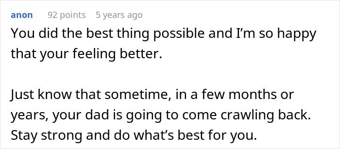 Comment expressing support for a teen who left home after dad chose his girlfriend over her, emphasizing staying strong.