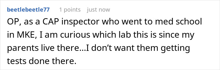 Screenshot of a Reddit comment discussing a CAP inspector’s concerns about lab testing location affecting office shutdown. Screenshot of a Reddit comment discussing a CAP inspector’s concerns about lab testing location affecting office shutdown.