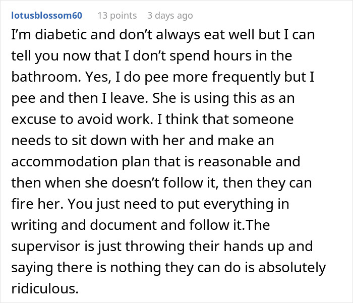 Comment discussing a diabetic woman eating what she shouldn’t and the coworker paying the price at work.