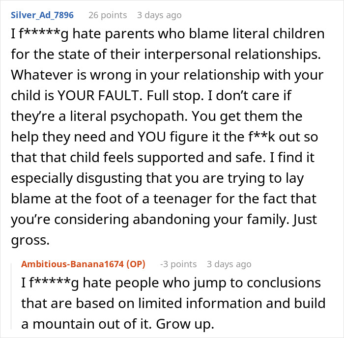Screenshot of online comments discussing a man suffering a teen’s rude attitude and considering dumping his whole family.
