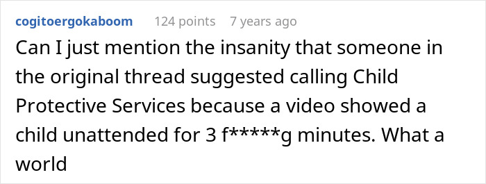 Screenshot of a comment discussing Child Protective Services and a video showing a child unattended for several minutes.