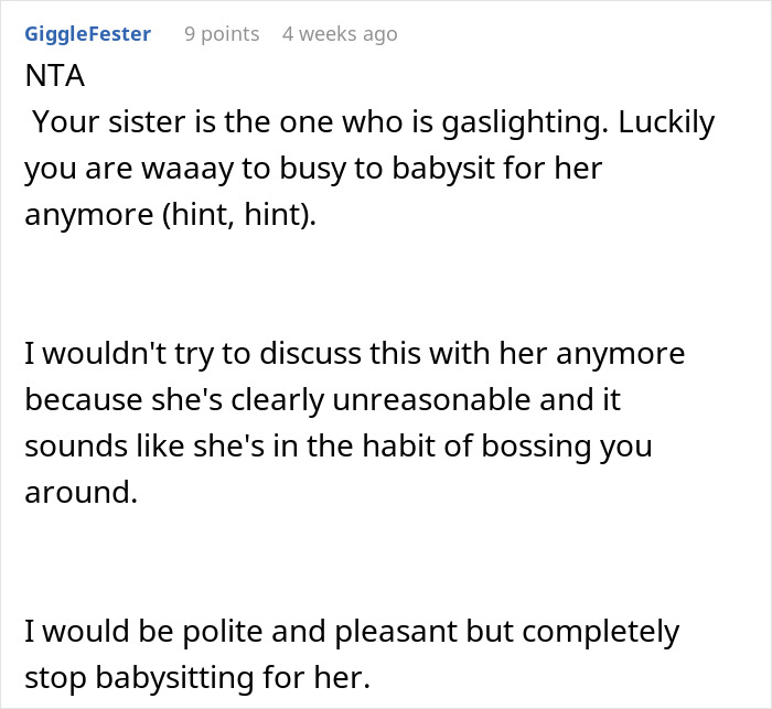 Screenshot of a conversation discussing a sister expecting free babysitting on demand and refusing due to being unreasonable.