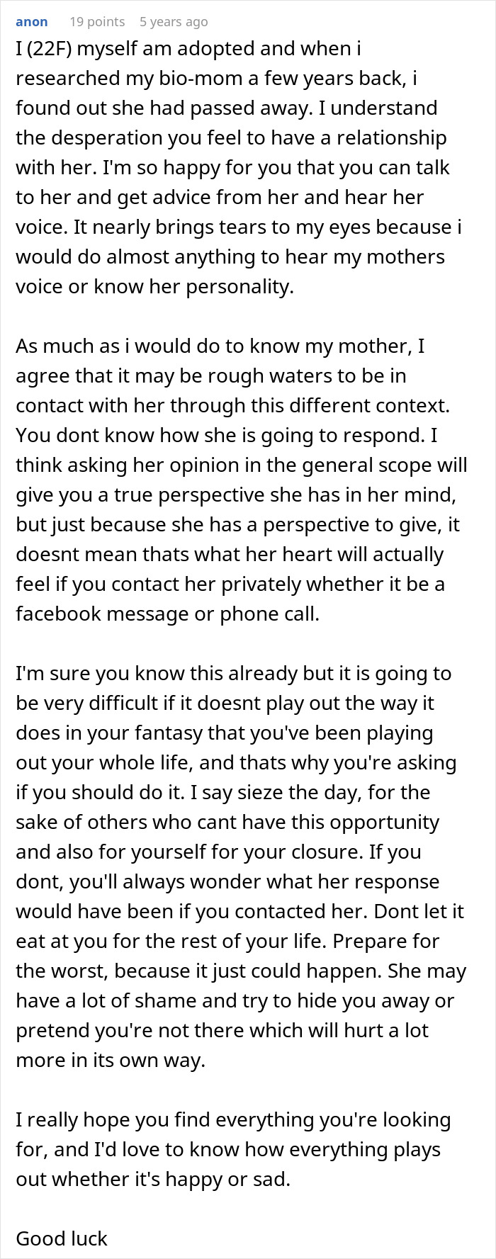 Alt text: Woman's heartfelt message about adoption, reuniting with bio family, and adoptive parents' threats and challenges. Alt text: Woman's heartfelt message about adoption, reuniting with bio family, and adoptive parents' threats and challenges.