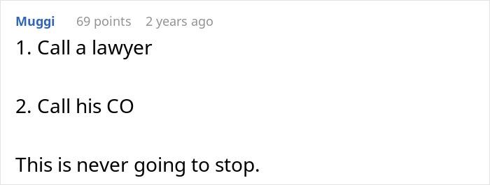 Screenshot of a comment advising to call a lawyer and commanding officer about a man lying about a master’s degree. Screenshot of a comment advising to call a lawyer and commanding officer about a man lying about a master’s degree.