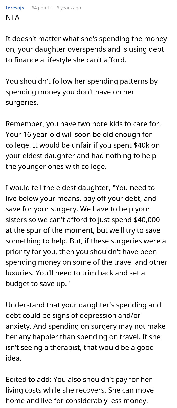 Comment discussing daughter money overspending and caution about paying for surgeries amid family financial priorities. Comment discussing daughter money overspending and caution about paying for surgeries amid family financial priorities.