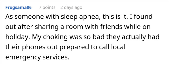 Comment about woman’s struggle with roommate’s snoring causing sleepless nights and disruptive sleep apnea symptoms.