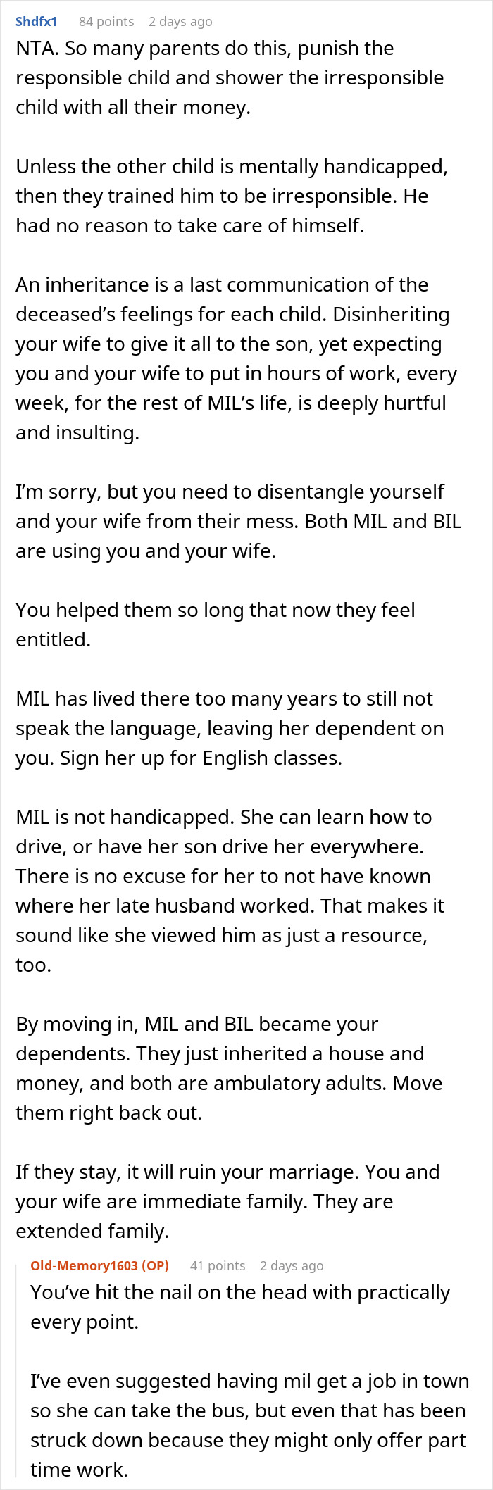 Reddit comment discussing man housing and supporting his in-laws while dealing with inheritance and family conflict issues Reddit comment discussing man housing and supporting his in-laws while dealing with inheritance and family conflict issues