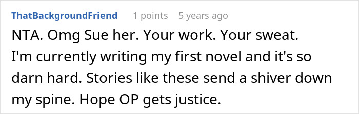 Screenshot of a Reddit comment discussing a woman stealing her SIL’s book, highlighting the importance of justice for original writers.