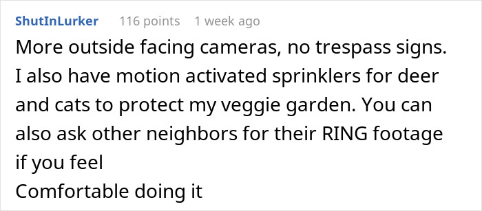 Comment discussing use of outdoor cameras, motion-activated sprinklers, and asking neighbors for Ring footage related to neighbor disputes. Comment discussing use of outdoor cameras, motion-activated sprinklers, and asking neighbors for Ring footage related to neighbor disputes.
