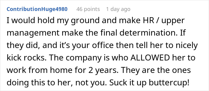 Comment text on a white background about a woman expecting her private office back after working from home for 2 years. Comment text on a white background about a woman expecting her private office back after working from home for 2 years.