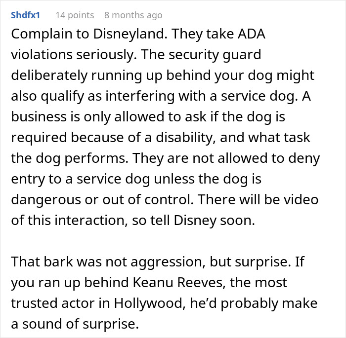 Comment discussing Disneyland security questions about service dogs and ADA violations involving a disabled woman’s service dog. Comment discussing Disneyland security questions about service dogs and ADA violations involving a disabled woman’s service dog.