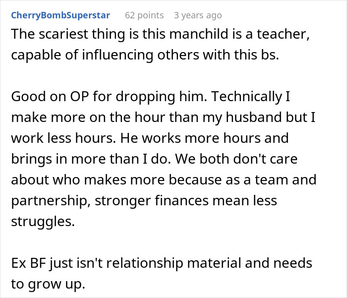 Alt text: User comment discussing woman leaving US due to boyfriend unable to handle her success and financial independence. Alt text: User comment discussing woman leaving US due to boyfriend unable to handle her success and financial independence.