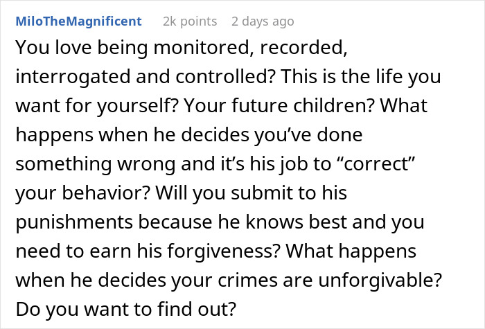 Comment by MiloTheMagnificent expressing distress about being monitored and controlled by a suspicious partner and the consequences of submitting to punishments. Comment by MiloTheMagnificent expressing distress about being monitored and controlled by a suspicious partner and the consequences of submitting to punishments.