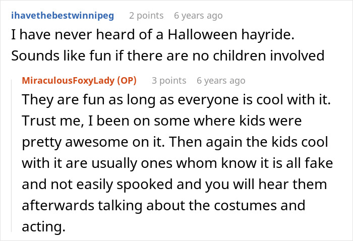 Screenshot of a discussion about haunted hayrides and kids’ reactions to spooky costumes and acting. Screenshot of a discussion about haunted hayrides and kids’ reactions to spooky costumes and acting.