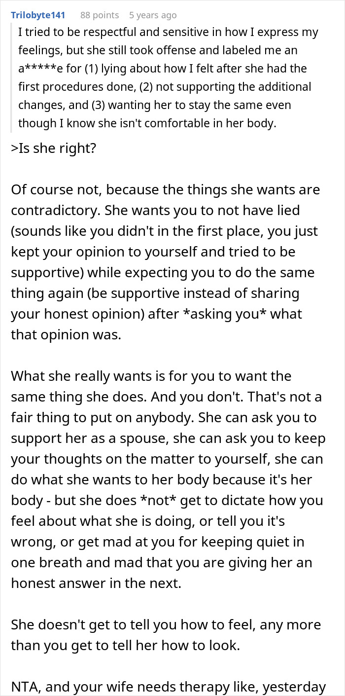 Alt text: Man shares honest feelings about wife’s plastic surgeries, revealing unexpected brutal honesty in their conversation Alt text: Man shares honest feelings about wife’s plastic surgeries, revealing unexpected brutal honesty in their conversation