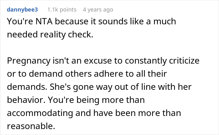 Reddit comment discussing a MIL telling DIL the world doesn’t revolve around her pregnancy after repeated complaints.