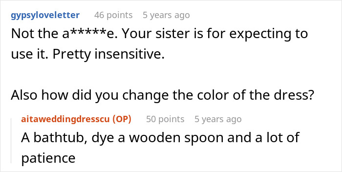 Screenshot of a forum discussion about a sister upset over a woman remaking her wedding dress instead of giving it to her.
