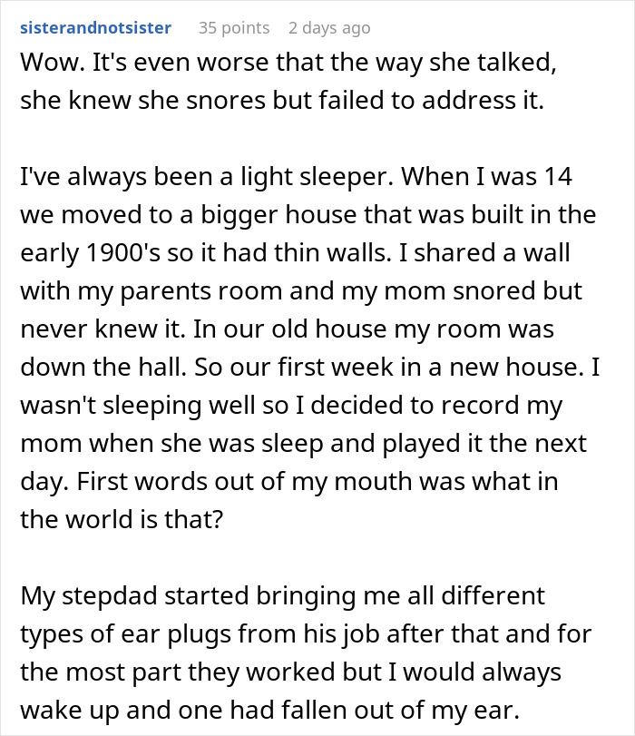 Text post discussing a woman’s struggle with roommate’s snoring keeping her awake and efforts to block the noise.